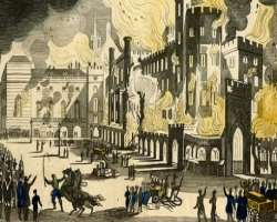 It was destroyed in a major fire in 1834 and was rebuilt in a period between 1840 to 1876 It was destroyed in a major fire in 1834 and was rebuilt in a period between 1840 to 1876.